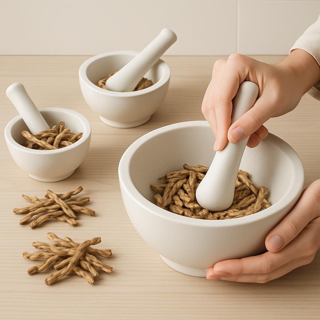 Two hands use mortar and pestles to form two piles of woody sticks.
